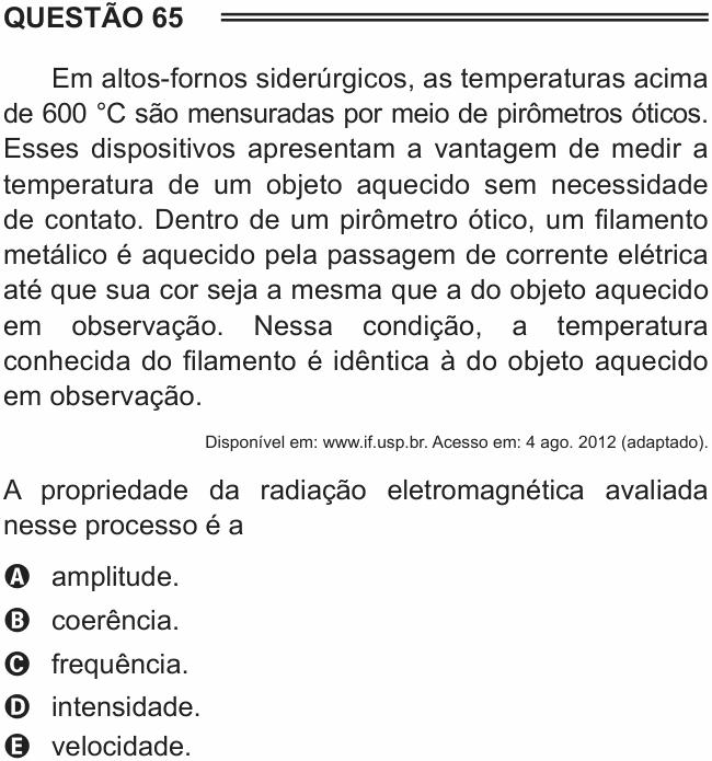 Enunciado da questão 65 de Física do ENEM 2015 PPL