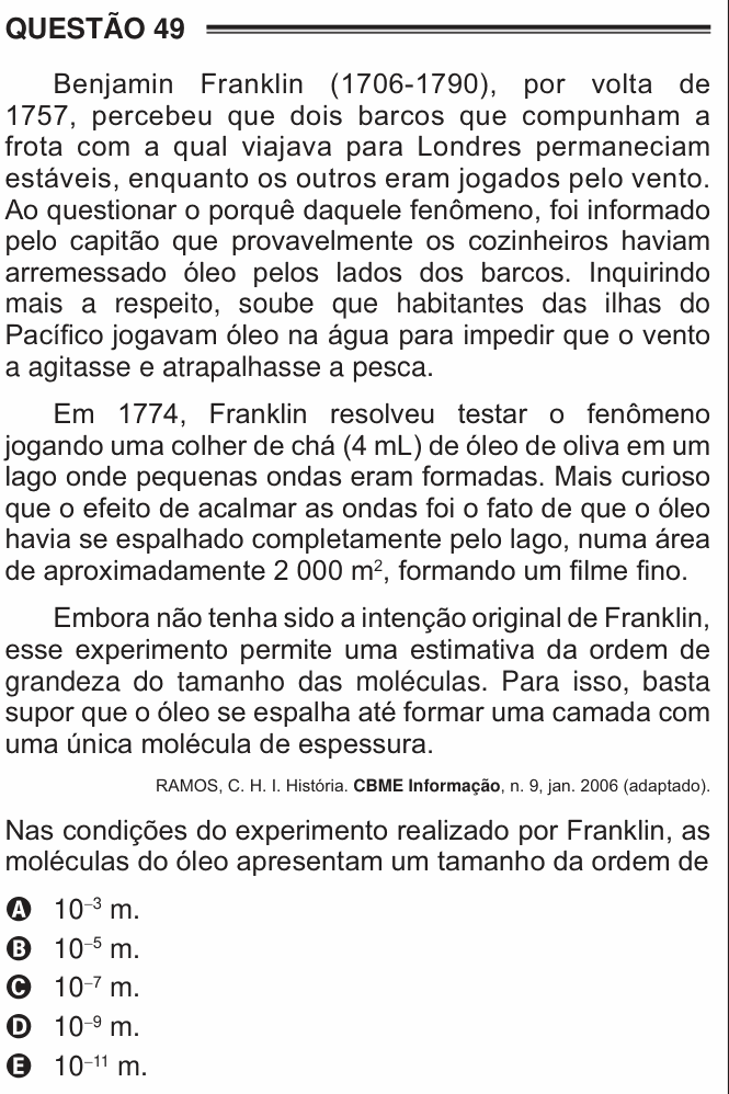 Enunciado da questão 49 de Física do ENEM 2016 PPL