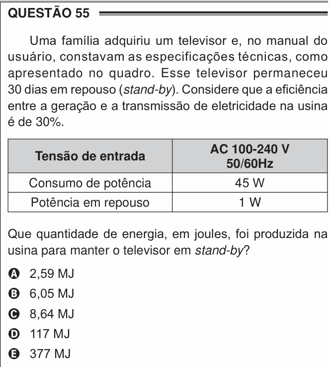 Enunciado da questão 55 de Física do ENEM 2016 PPL