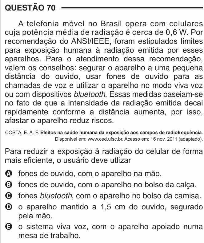 Enunciado da questão 70 de Física do ENEM 2016 PPL