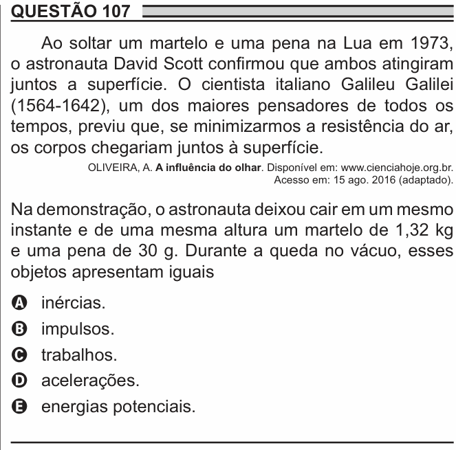 Enunciado da questão 107 de Física do ENEM 2018 PPL