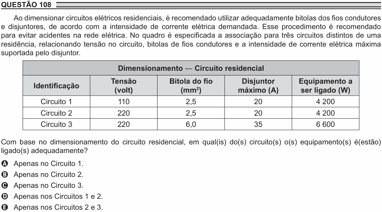 Enunciado da questão 108 de Física do ENEM 2018 PPL