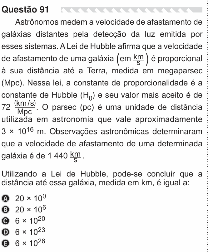 Enunciado da questão 91 de Física do ENEM 2019 PPL