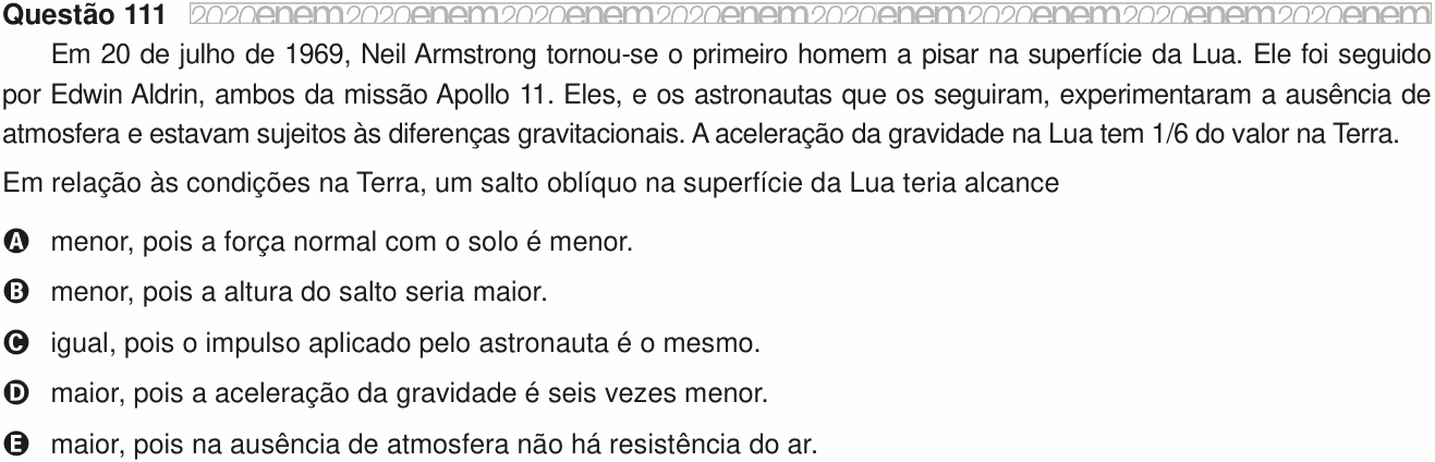 Enunciado da questão 111 de Física do ENEM 2020 PPL