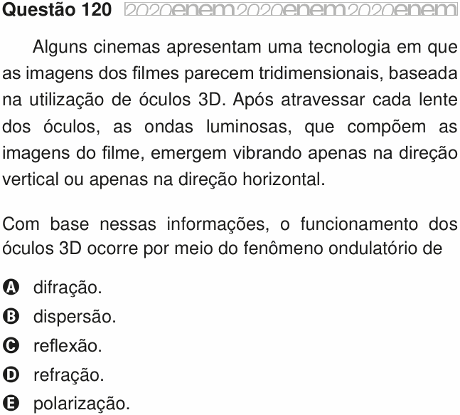 Enunciado da questão 120 de Física do ENEM 2020 PPL