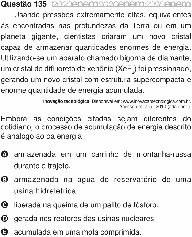 Enunciado da questão 135 de Física do ENEM 2020 PPL