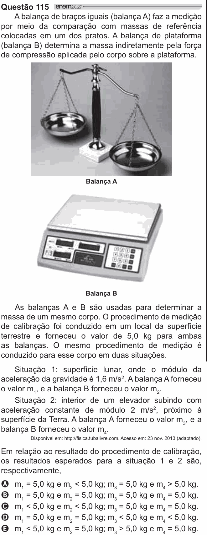 Enunciado da questão 115 de Física do ENEM 2021 PPL