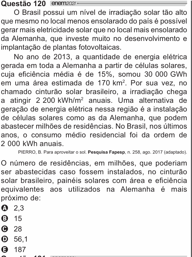 Enunciado da questão 120 de Física do ENEM 2021 PPL