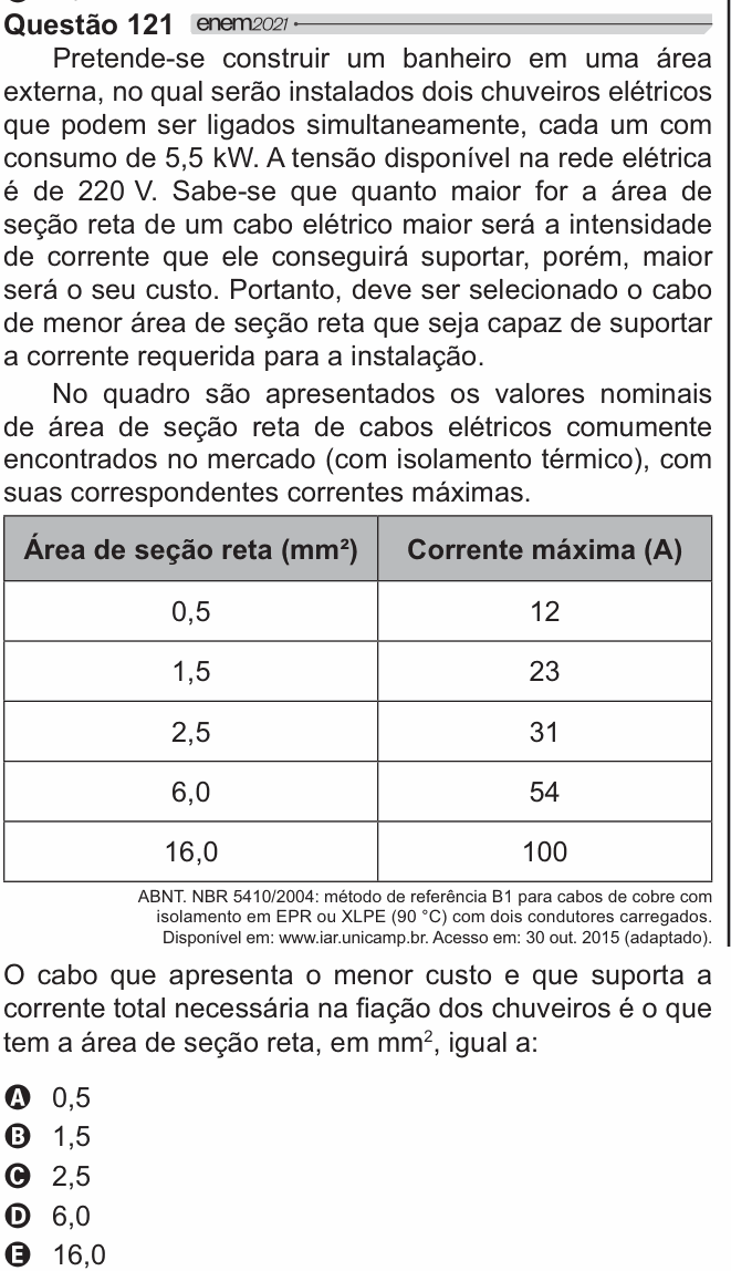 Enunciado da questão 121 de Física do ENEM 2021 PPL