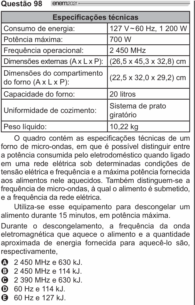 Enunciado da questão 98 de Física do ENEM 2021 PPL