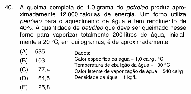 Enunciado da questão 40 de Física do PUC-Campinas 2010 (inverno)