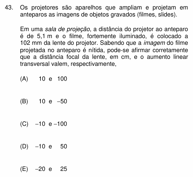 Enunciado da questão 43 de Física do PUC-Campinas 2012