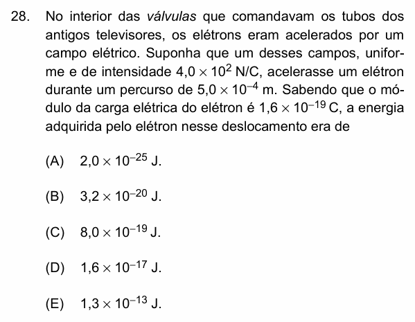 Enunciado da questão 28 de Física do PUC-Campinas 2018