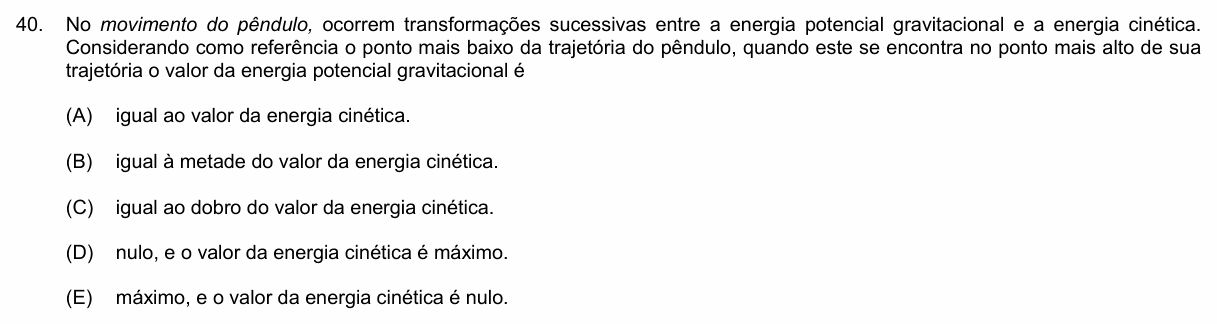 Enunciado da questão 40 de Física do PUC-Campinas 2019