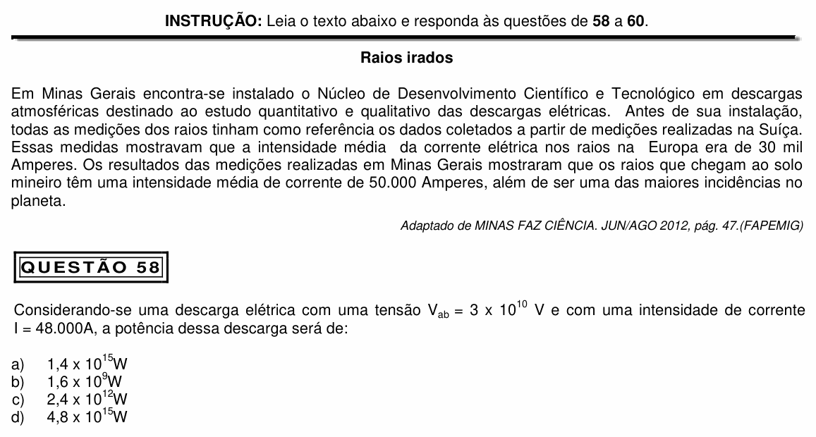 Enunciado da questão 58 de Física do PUC Minas 2014 (Medicina)