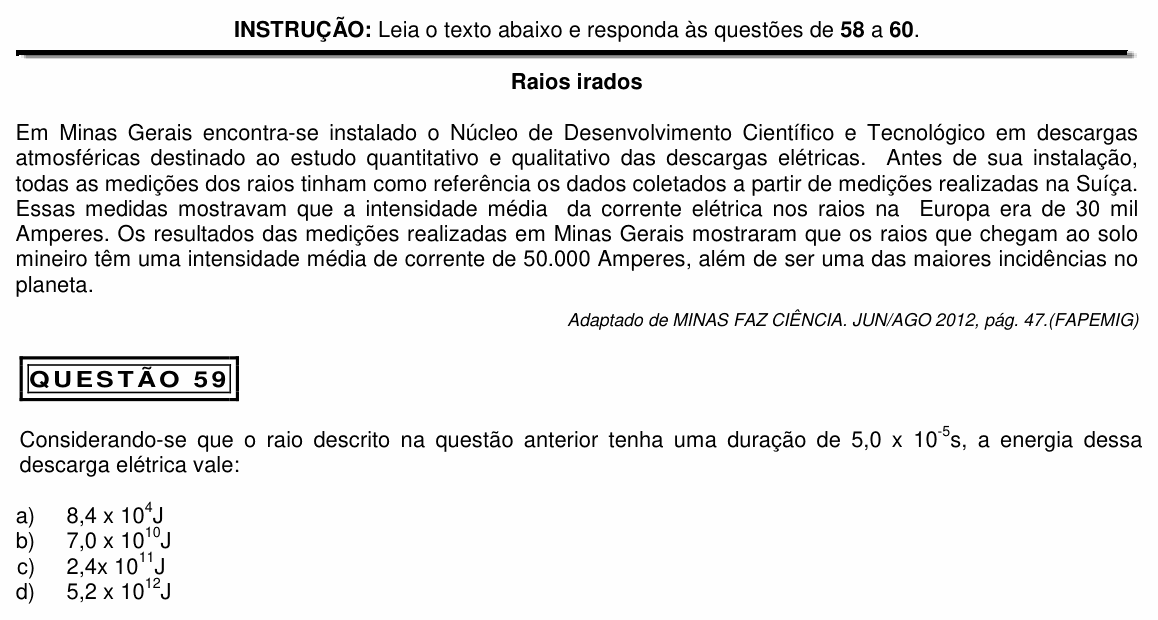 Enunciado da questão 59 de Física do PUC Minas 2014 (Medicina)