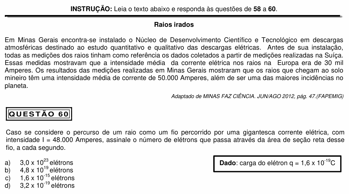 Enunciado da questão 60 de Física do PUC Minas 2014 (Medicina)