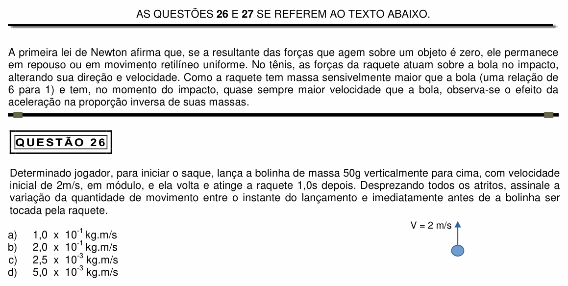 Enunciado da questão 26 de Física do PUC Minas 2015 (2º semestre, interior)