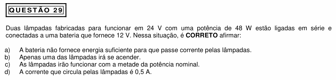 Enunciado da questão 29 de Física do PUC Minas 2015 (2º semestre, interior)