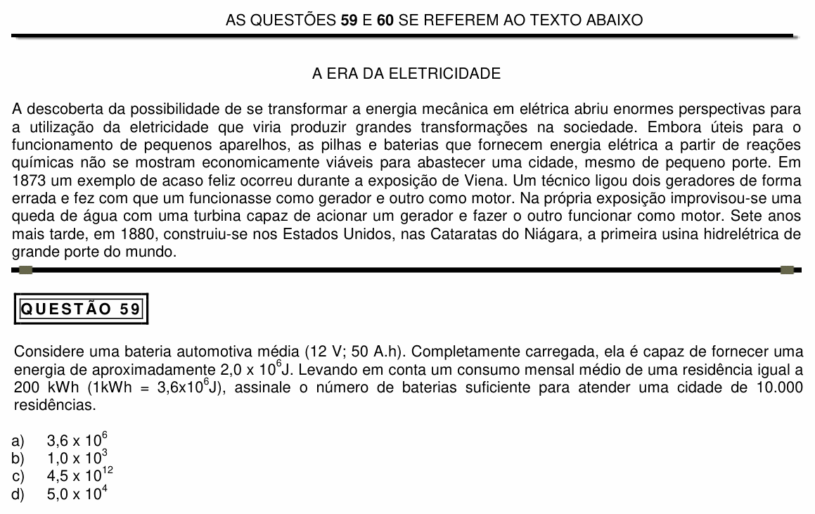Enunciado da questão 59 de Física do PUC Minas 2015 (2º semestre, Medicina)