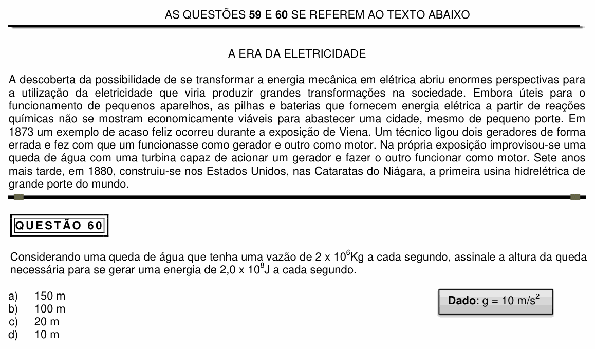 Enunciado da questão 60 de Física do PUC Minas 2015 (2º semestre, Medicina)