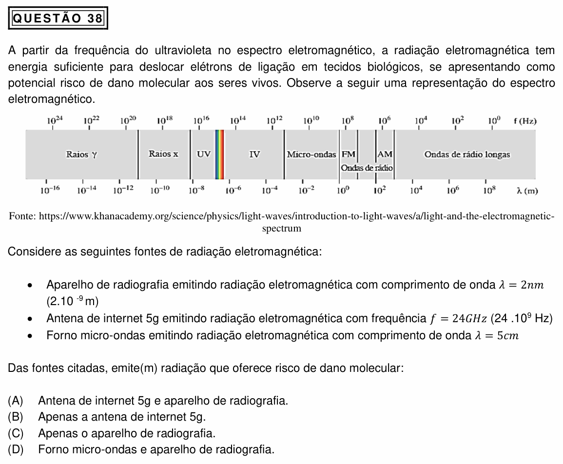 Enunciado da questão 38 de Física do PUC Minas 2023 (2º semestre, Medicina)