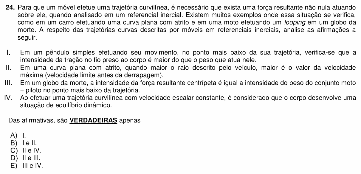 Enunciado da questão 24 de Física do PUC-PR 2019