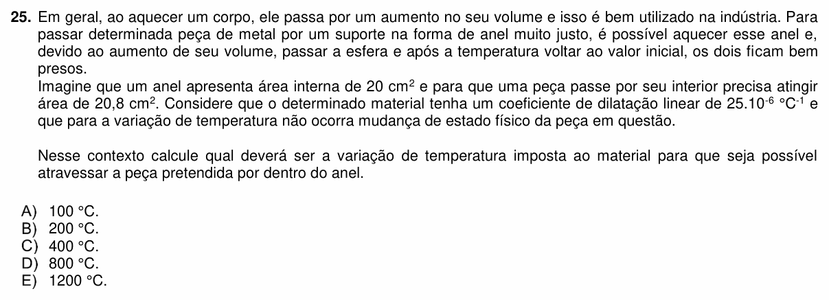 Enunciado da questão 25 de Física do PUC-PR 2019