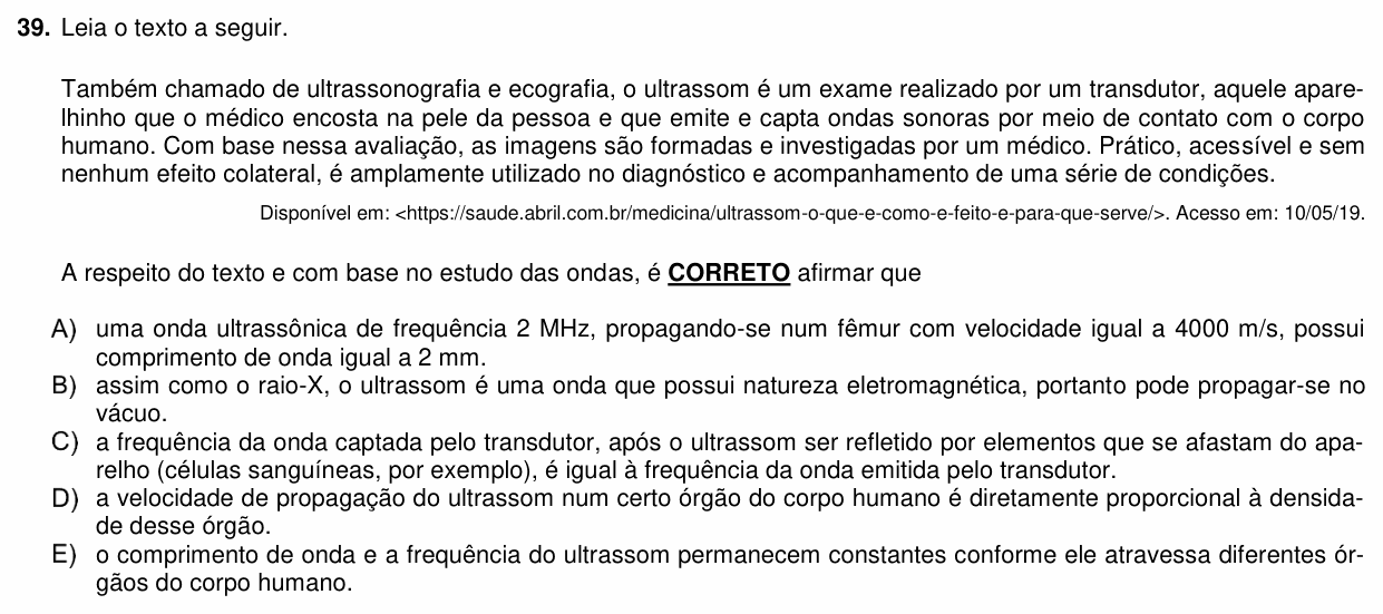 Enunciado da questão 39 de Física do PUC-PR 2020 (Medicina)