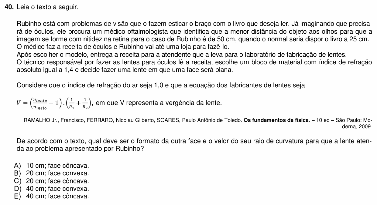 Enunciado da questão 40 de Física do PUC-PR 2020 (Medicina)
