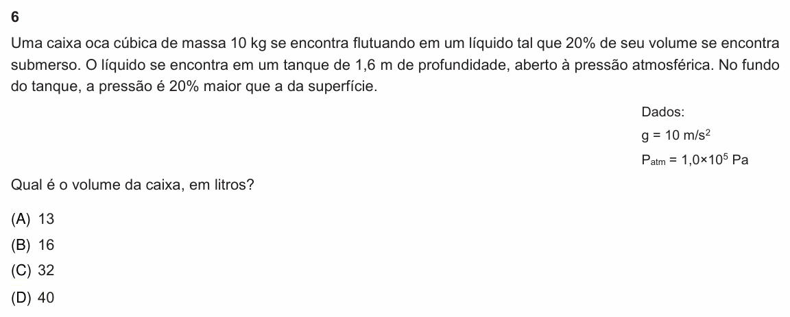 Enunciado da questão 6 de Física do PUC-Rio 2021 (Grupo 1)