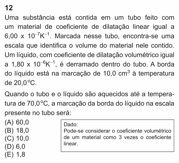 Enunciado da questão 12 de Física do PUC-Rio 2023 (Grupo 1)