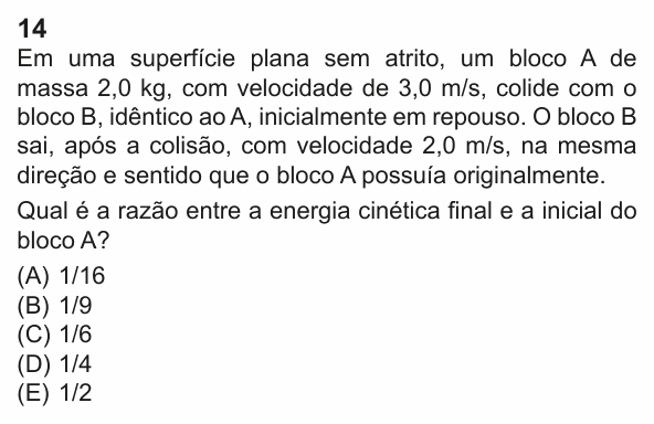 Enunciado da questão 14 de Física do PUC-Rio 2023 (Grupo 1)