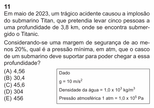 Enunciado da questão 11 de Física do PUC-Rio 2024 (Grupo 3)