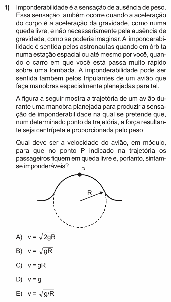 Enunciado da questão 1 de Física do PUC-RS 2011