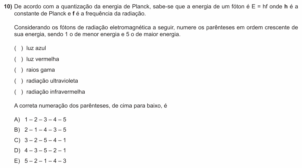 Enunciado da questão 10 de Física do PUC-RS 2012