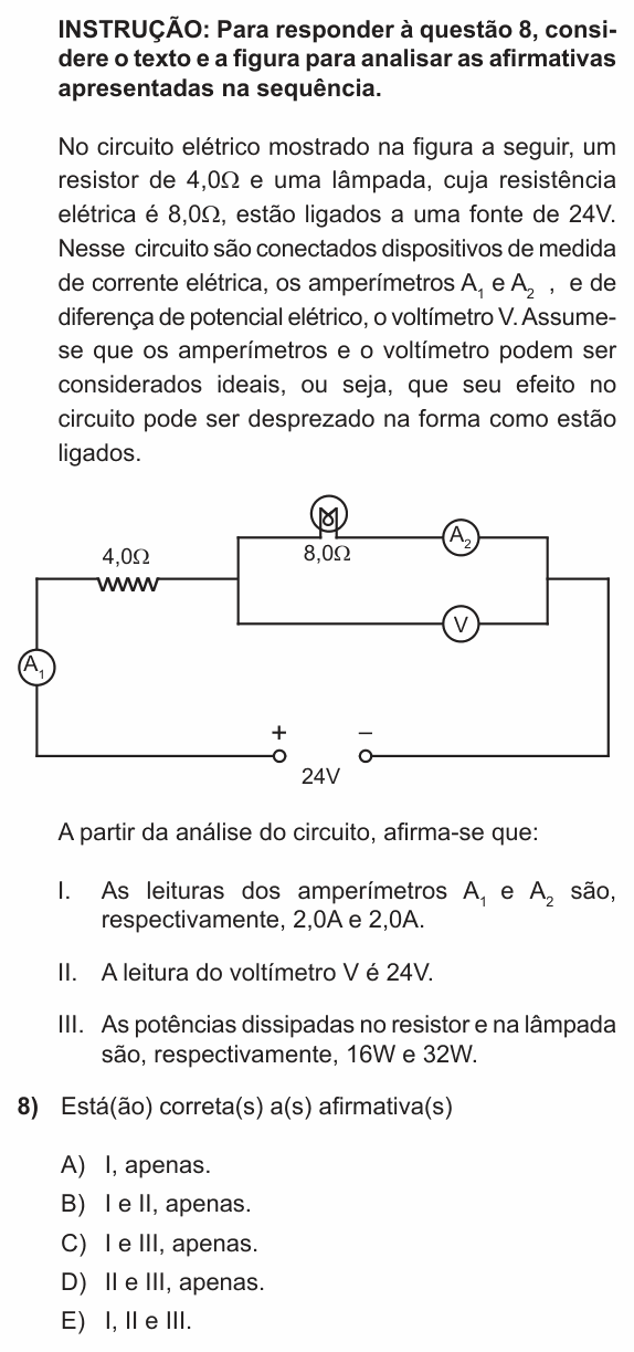 Enunciado da questão 8 de Física do PUC-RS 2014