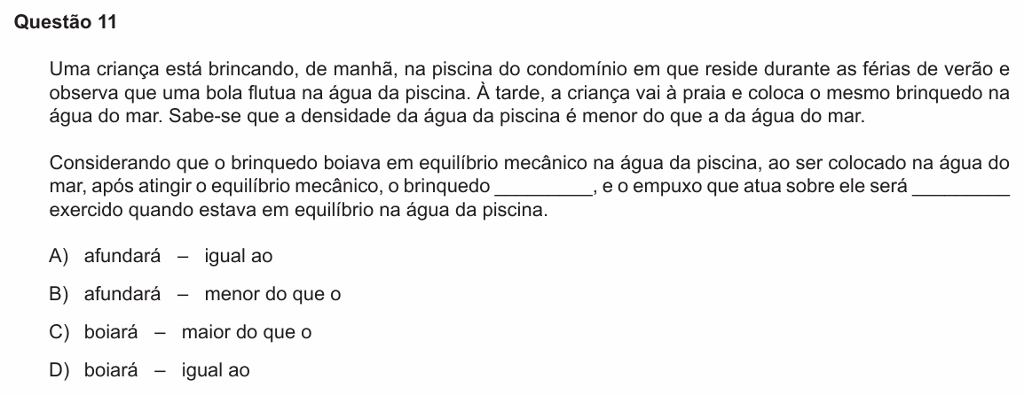 Enunciado da questão 11 de Física do PUC-RS 2018