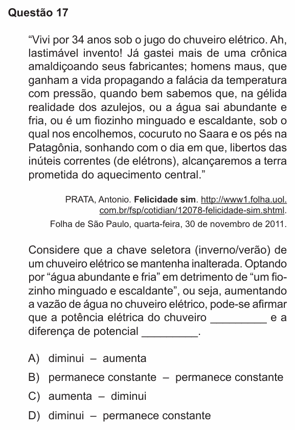 Enunciado da questão 17 de Física do PUC-RS 2018