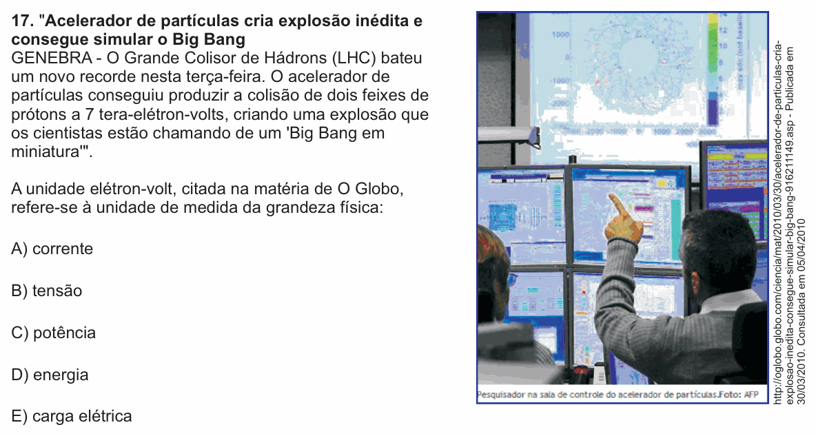 Enunciado da questão 17 de Física do PUC-SP 2010 (inverno)