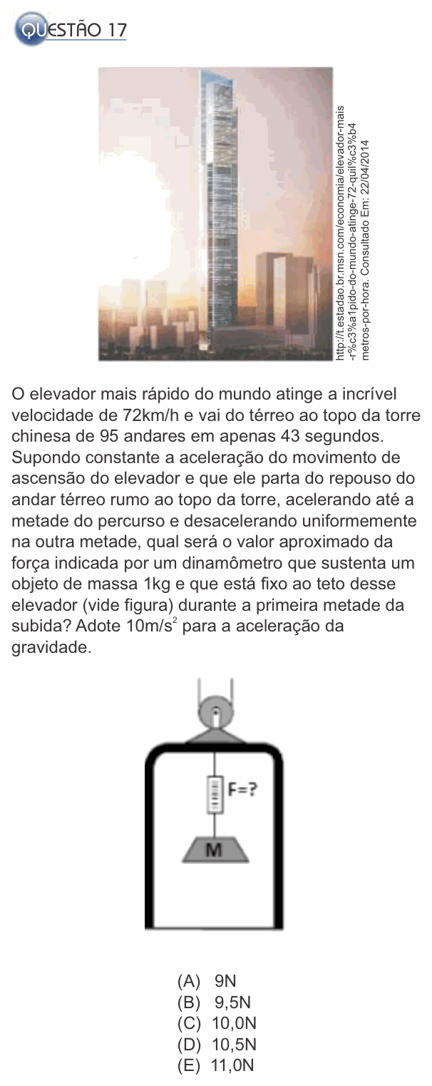 Enunciado da questão 17 de Física do PUC-SP 2014 (inverno)