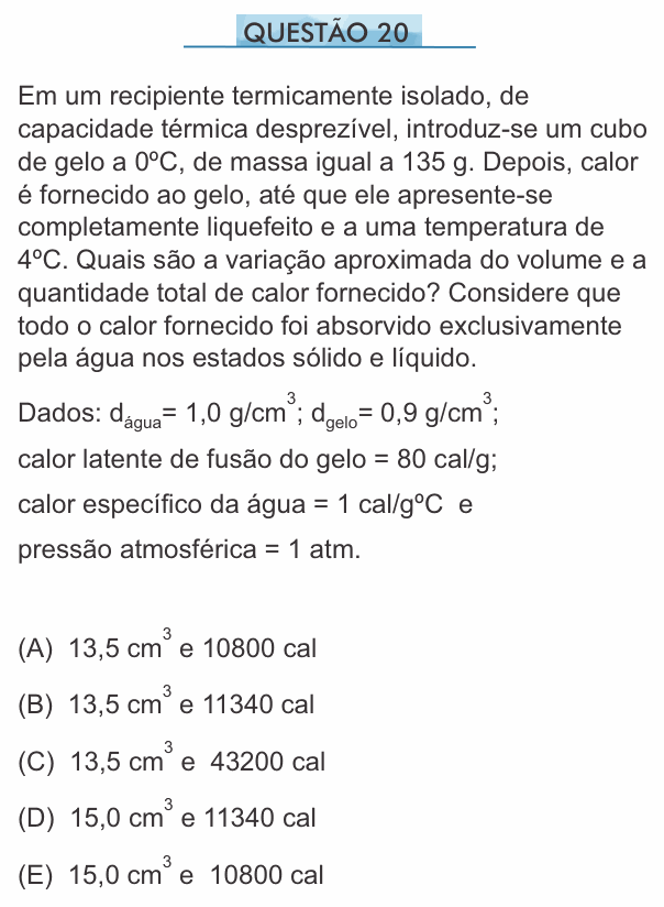 Enunciado da questão 20 de Física do PUC-SP 2015 (inverno)