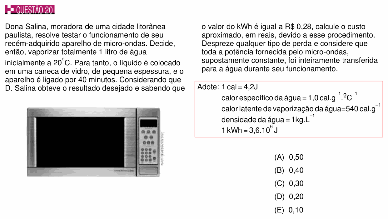 Enunciado da questão 20 de Física do PUC-SP 2015