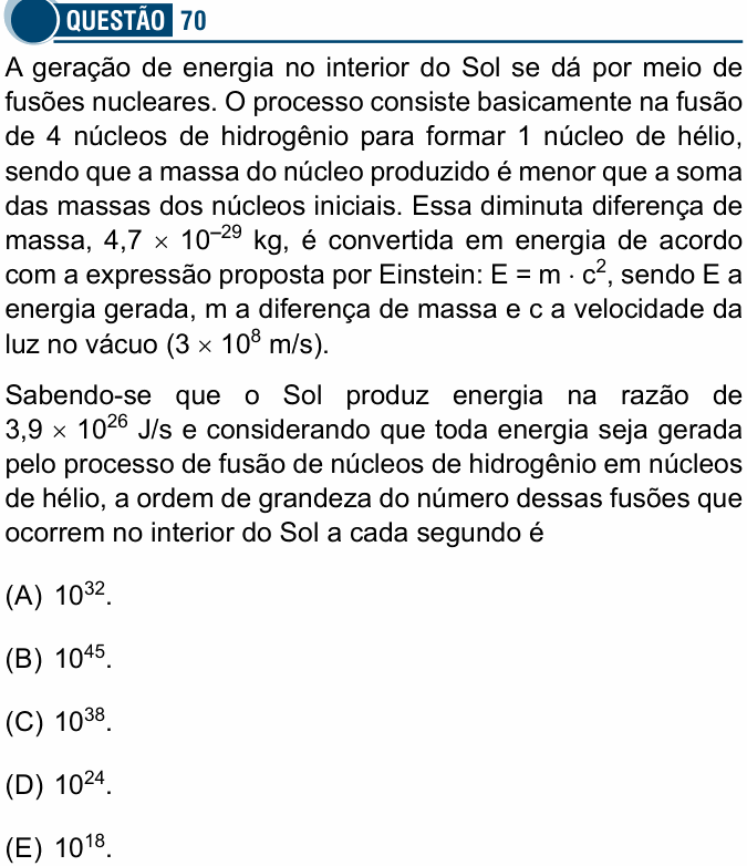 Enunciado da questão 70 de Física do Santa Casa 2022