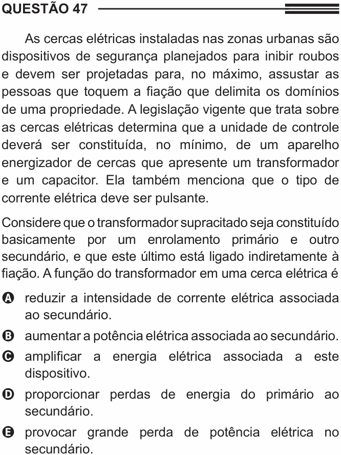 Enunciado da questão 47 de Física do ENEM 2014 (3ª aplicação)