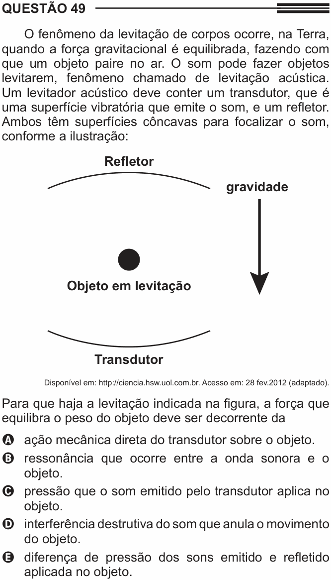Enunciado da questão 49 de Física do ENEM 2014 (3ª aplicação)