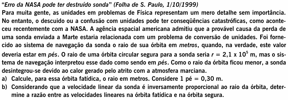 Enunciado da questão 1 de Física do UNICAMP 2000 (2ª fase)