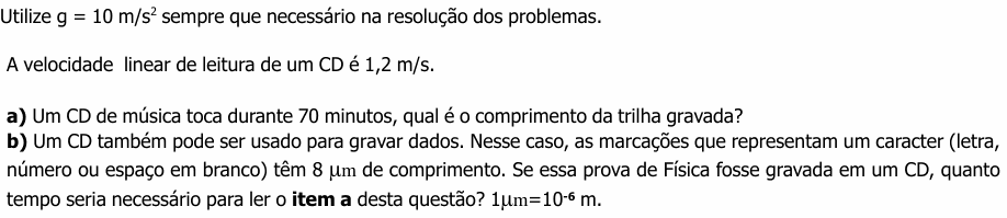 Enunciado da questão 1 de Física do UNICAMP 2003 (2ª fase)