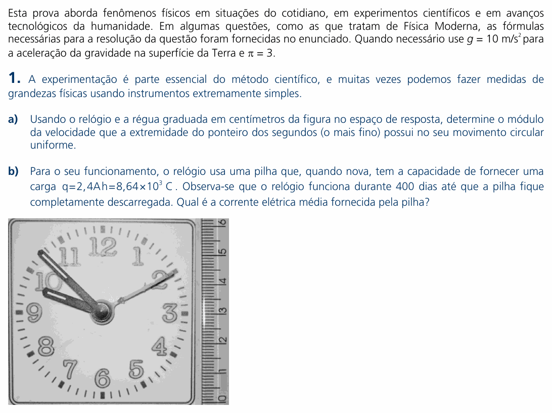 Enunciado da questão 1 de Física do UNICAMP 2010 (2ª fase)