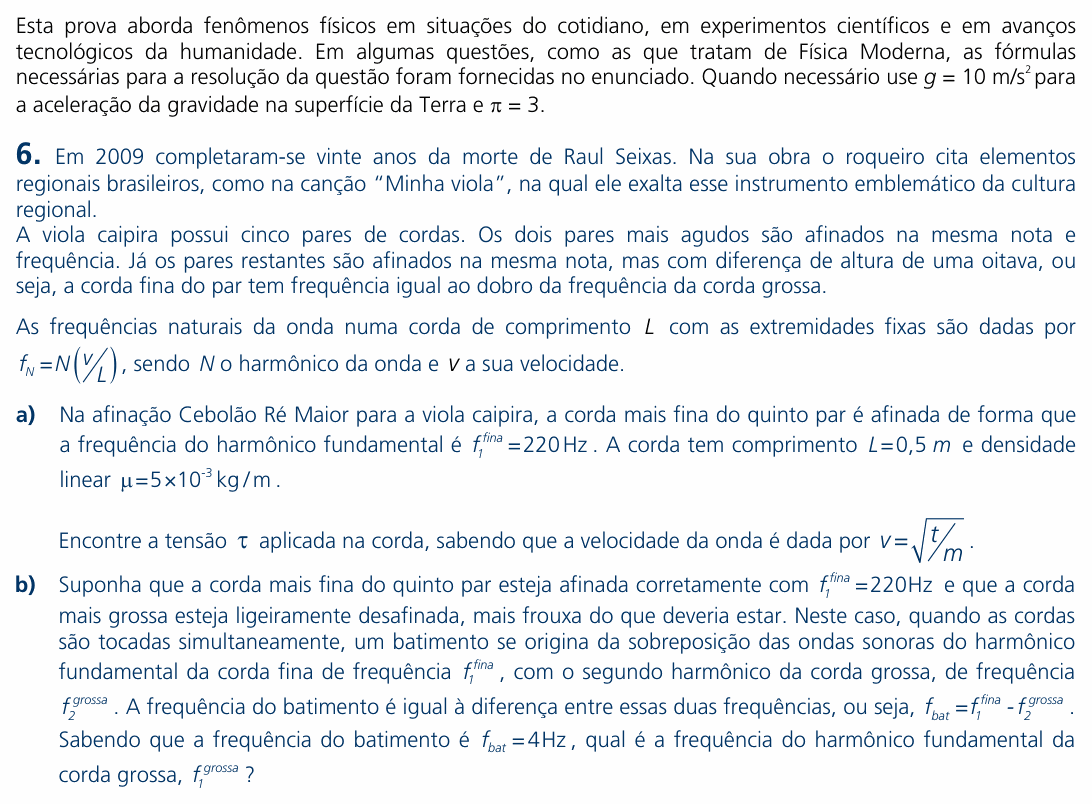 Enunciado da questão 6 de Física do UNICAMP 2010 (2ª fase)